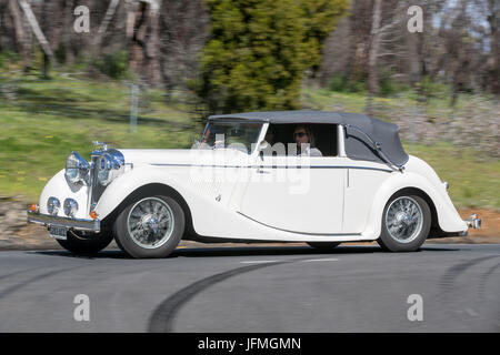 Jahrgang 1934 Alvis Speed zwanzig Tourer fahren auf der Landstraße in der Nähe der Stadt Birdwood, South Australia. Stockfoto