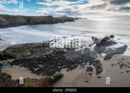 Traeth Llyfn gesehen von Pembrokeshire Coast Path aus Abereiddy, Porthgain, Pembrokeshire Coast National Park, Abereiddy, Wales, Vereinigtes Königreich, Euro Stockfoto