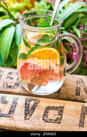 Detox infundiert citrus Wasser im Glaskrug mit Orangen, Zitronen, Grapefruit, Limetten, frische Minze auf Holz Obst Garten Box, Grünpflanzen und Blumen, o Stockfoto
