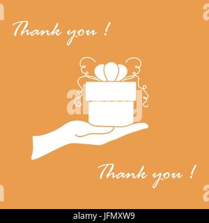 Niedliche Bild mit Hand, ein Geschenk und eine Inschrift: Ich danke Ihnen auf einem farbigen Hintergrund. Stock Vektor