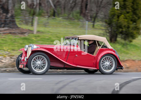 Jahrgang 1947 MG TC Tourer fahren auf der Landstraße in der Nähe der Stadt Birdwood, South Australia. Stockfoto