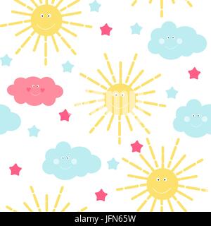 Kinder s Musterdesign Hintergrund mit Sonne, Wolke und Sterne Vektor-Illustration Stock Vektor