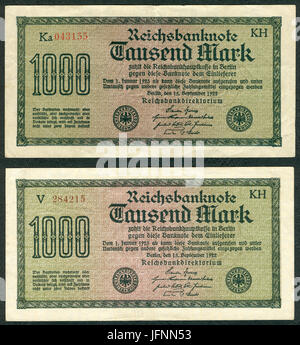 1000 Mark Reichsbanknote 19 2 Versionen Gedruckt von J. C. König & Ebhardt KH Hannover Seite ich 200 dpi Stockfoto