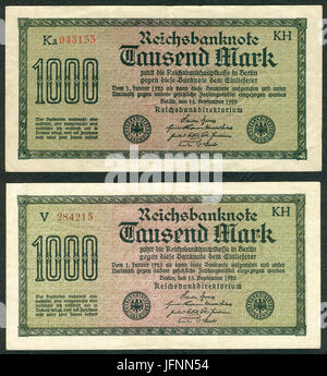 1000 Mark Reichsbanknote 19 2 Versionen Gedruckt von J. C. König & Ebhardt KH Hannover Seite ich 600 dpi Stockfoto