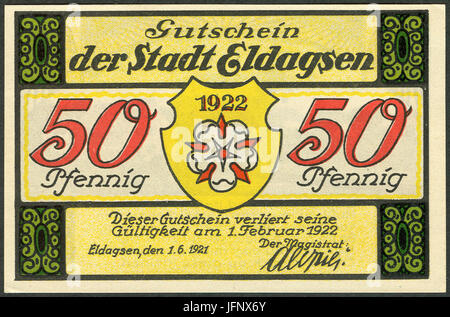 1921-06-01 Gutschein der Stadt Eldagsen, 0,50 Mark 50 Pfennig, Gültig Bis 1. Februar 19 a, Faksimilierte Unterschrift der Magistrat. Stockfoto