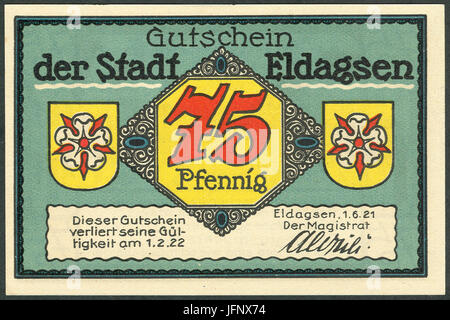 1921-06-01 Gutschein der Stadt Eldagsen, 0,75 Mark 75 Pfennig, Gültig Bis 1. Februar 19 a, Faksimilierte Unterschrift der Magistrat Stockfoto