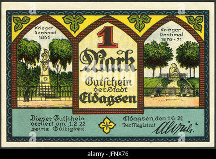 1921-06-01 Gutschein der Stadt Eldagsen, 1Mark, Gültig Bis 1. Februar 19 a, Faksimilierte Unterschrift der Magistrat, Langensalza-Denkmal, dreiteiligem Stockfoto