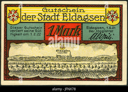 1921-06-01 Gutschein der Stadt Eldagsen, 1Mark, Gültig Bis 1. Februar 19, C, Faksimilierte Unterschrift der Magistrat, Merian-Stich um 1600 Stockfoto