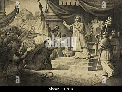 Diese Lithografie aus dem 19. Jahrhundert zeigt Papst Pius IX., der die italienischen Kämpfer für die Unabhängigkeit segnet. Sie spiegelt den religiösen und politischen Kontext der damaligen Zeit wider und fängt einen Moment im Kampf Italiens um die Vereinigung ein. Stockfoto