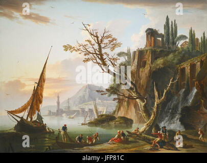 "Eine Küstenlandschaft bei Sonnenuntergang, mit Fischer festmachen ihre Boote" von Charles-François Grenier de Lacroix, 1750 Stockfoto