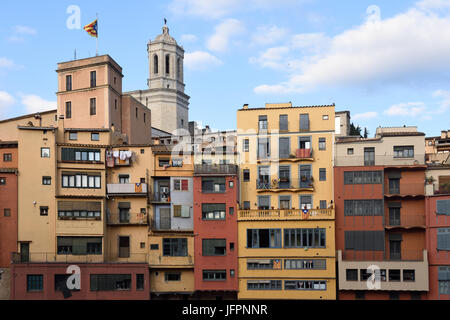 Bunte Häuser am Fluss Onyar und Kathedrale von Girona, Katalonien, Spanien Stockfoto