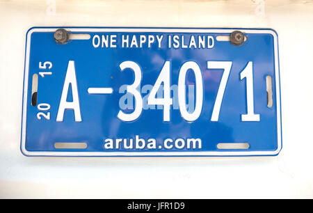 Dutch West Indies Aruba Insel Auto Nummernschild Nahaufnahme Slogan eine glückliche Insel Stockfoto