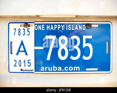 Dutch West Indies Aruba Insel Auto Nummernschild Nahaufnahme Slogan eine glückliche Insel Stockfoto