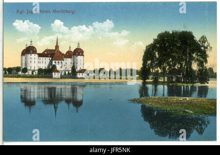 Eine Postkarte aus dem Jahr 1912 mit der Moritzburg im Landkreis Meißen in Sachsen. Die Postkarte wurde von Brück & Sohn veröffentlicht und zeigt die Architektur der historischen Burg. Stockfoto
