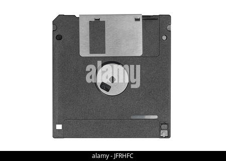 zurück nach oben Blick auf einer schwarzen Vintage Diskette auf weißem Hintergrund Stockfoto