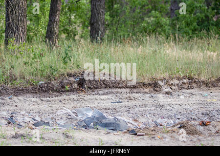 Ökologische Katastrophe. Waldweg mit Kunststoff und harten Müll verunreinigt. Stockfoto