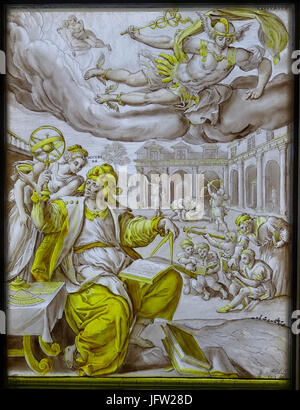 Allegorie von Quecksilber und Kindheit, aus einem Zyklus der Planeten und Alter des Mannes nach Adriaen Collaert - Marten de Vos, wohl Niederlande, späten 1500er Fleck Glas - Museum Schnütgen - Köln, Deutschland - DSC09872 Stockfoto