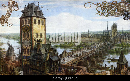 Alte Brücke Frankfurt ca 1600 Faktoren Aquarell Peter Becker 1889 Stockfoto