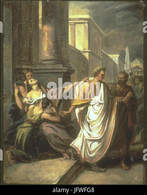 Dieses Gemälde repräsentiert den berühmten Moment, in dem Julius Cäsar auf dem Weg zum Senat an den Iden des März dargestellt wird. Die Szene zeigt das historische Ereignis von Cäsars Ermordung im Jahr 44 v. Chr., einem der wichtigsten Momente der römischen Geschichte. Stockfoto