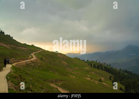 Alte Prashar See Temple View mit Prashar heiliges Wasser Teich und grüne Natur Landschaft am See Prashar, Mandi, Himachal Pradesh, Indien Asien Stockfoto