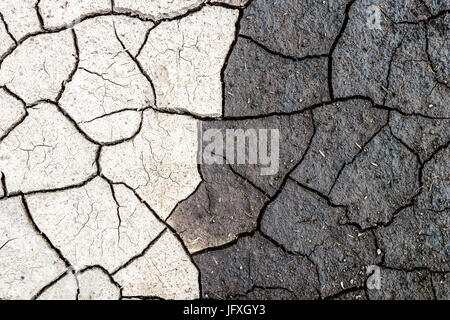 Natur Hintergrund, Rahmen der trockenen und nassen rissig Schlamm. Konzept der Gegensätze, Dunkelheit und Licht. Stockfoto