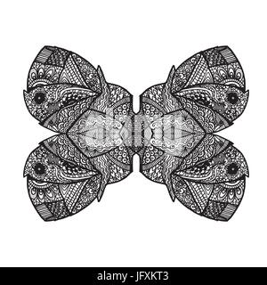 Abstrakte Muster Schmetterling stilisierte symmetrische Monochrom. Der Hintergrund ist. Vektor-Illustration für Ihr Design. Schwarze Muster auf weiß. Ein pa Stock Vektor