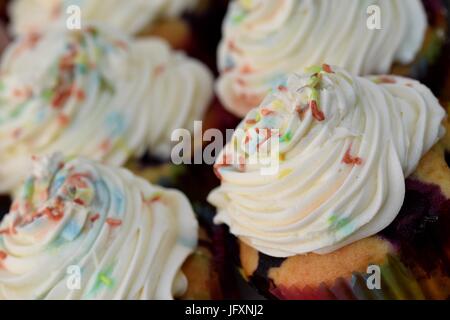 Der Blick auf die Platte des Weiß Creme Muffins mit bunten Bonbons auf der Oberseite Stockfoto