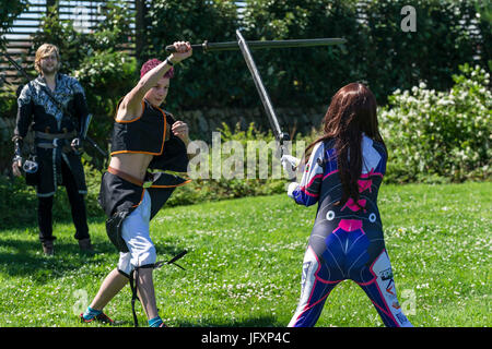 Zwei cosplay Fans Duell mit Schwertern.  Comic-Buch-Fans, Filmfans und Cosplay-Fans jeden Alters versammeln sich am The Heartlands in Cornwall für Geekfest 3.0 Stockfoto