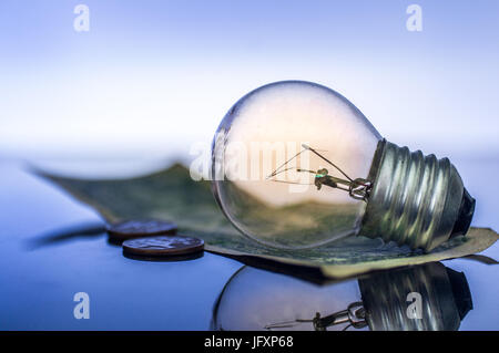 Glühbirne mit USA / USA-Dollar-Schein und Münzen, reflektieren Glas Tisch. Geld, Finanzen, Einsparungen und Business-Idee-Konzept. Stockfoto