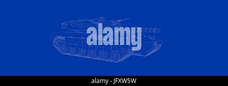 3D-Rendering eines Tanks auf einem blauen Hintergrund Blaupause Stockfoto