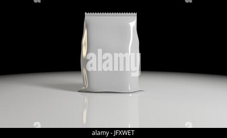 3D-Rendering des vertikalen versiegelt Kunststoff Folie Leerbeutel für Verpackungsdesign mit gezackten Rand Close up auf schwarzem Hintergrund isoliert Stockfoto