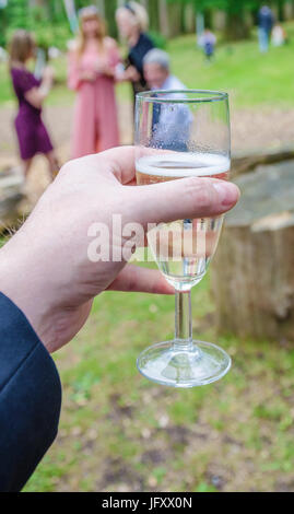 Eine männliche Hand hält ein Glas prosecco bei einer Hochzeitsfeier. Stockfoto