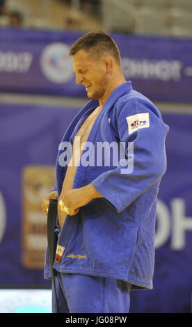 Tschechische Judoka Lukas Krpalek schmerzt Rückenschmerzen während des Grand Prix in Chu-Che-Chao-tsche, China, am 2. Juli 2017. (CTK Foto/David Svab) Stockfoto