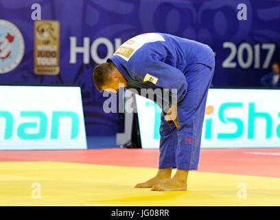 Tschechische Judoka Lukas Krpalek schmerzt Rückenschmerzen während des Grand Prix in Chu-Che-Chao-tsche, China, am 2. Juli 2017. (CTK Foto/David Svab) Stockfoto