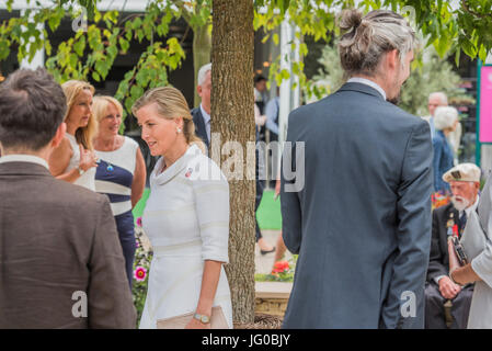 London, UK. 3. Juli 2017. HRH die Gräfin von Wessex, Patron der Nächstenliebe auf Blind Veterans UK: dreht sich alles um Gemeinschaftsgarten von Andrew Fisher Tomlin und Dan Bowyer - The Hampton Court Flower Show, organisiert von der Royal Horticultural Society (RHS). Auf dem Gelände des Hampton Court Palace, London. Bildnachweis: Guy Bell/Alamy Live-Nachrichten Stockfoto