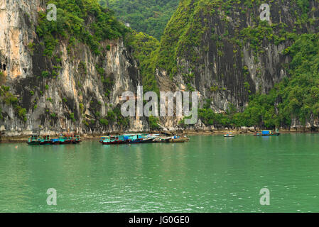 Ha Long Bucht, Vietnam--24. März 2016. Ein Fischerdorf, bestehend aus Angelboote/Fischerboote verankert zusammen an der Basis einer dramatischen Felsformation. Stockfoto