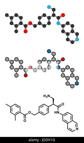 Netarsudil Wirkstoffmolekül. Verwendet in der Behandlung von okulärer Hypertension und Glaukom. Konventionelle Skelettformel und stilisierte Darstellungen. Stock Vektor