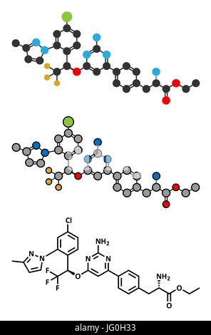 Telotristat Ethyl Wirkstoffmolekül (Tryptophan-Hydroxylase-Hemmer). Konventionelle Skelettformel und stilisierte Darstellungen. Stock Vektor