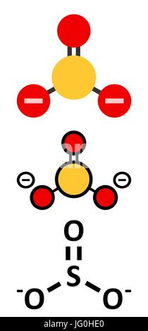Sulfit Anion, chemische Struktur. Sulfit Salze sind häufig Lebensmittel-Zusatzstoffe. Konventionelle Skelettformel und stilisierte Darstellungen. Stock Vektor