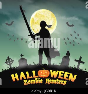 Halloween-Ritter mit Schwert auf Nacht-Friedhof Stock Vektor