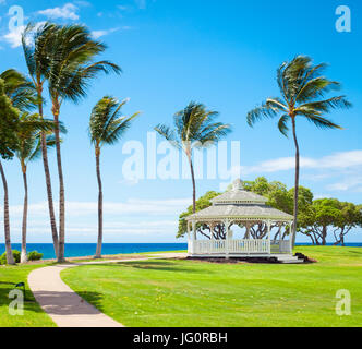 Ein Blick auf den Pavillon, luftigen Kokosnuss-Palmen und Pazifischen Ozean in Turtle Pointe im Fairmont Orchid auf der Kohala Küste, Hawaii (Hawaii). Stockfoto