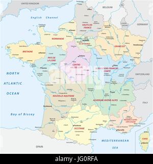 Frankreich-Karte mit den neuen Regionen und die wichtigsten Städte und Flüsse Stock Vektor