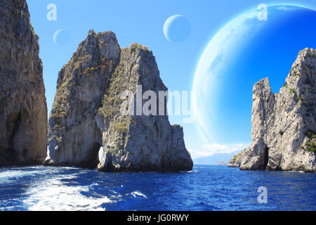 Landschaft der Fantasie Planet - Meer, Felsen und Monde. Elemente des Bildes von der NASA eingerichtet. 3D render Stockfoto