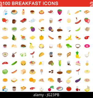 100 Symbole Frühstücksset, isometrischen 3d Stil Stock Vektor
