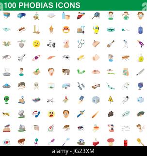 100 Phobien Icons set, cartoon-Stil Stock Vektor
