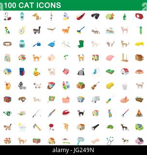 100 Katze Icons set, cartoon-Stil Stock Vektor