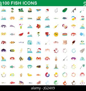 100 Fische Symbole gesetzt, cartoon-Stil Stock Vektor