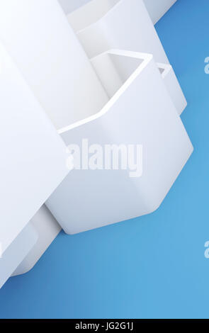 Abstrakte zeitgenössische vertikale Hintergrund, weißen sechseckigen Installation über blaue Wand. 3D Render-illustration Stockfoto