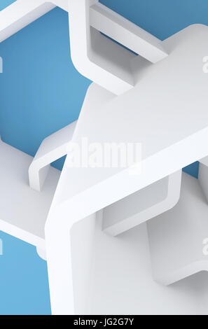Abstrakte zeitgenössische vertikale Hintergrund mit weißen sechseckigen Installation in der Nähe von blauen Wand. 3D render Stockfoto