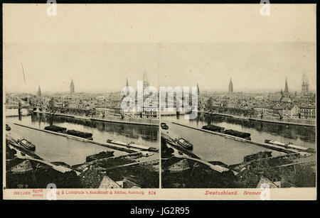 Knackstedt & Näther Stereoskopie 0876 Deutschland, Bremen, Bildseite, Blick von der Halbinsel Stadtwerder Über Die Weser in Richtung Wilhelm-Kaisen-Brücke, 17jährige, Osterdeich, um 1900 DRGMs 83768 Und 92395 Stockfoto